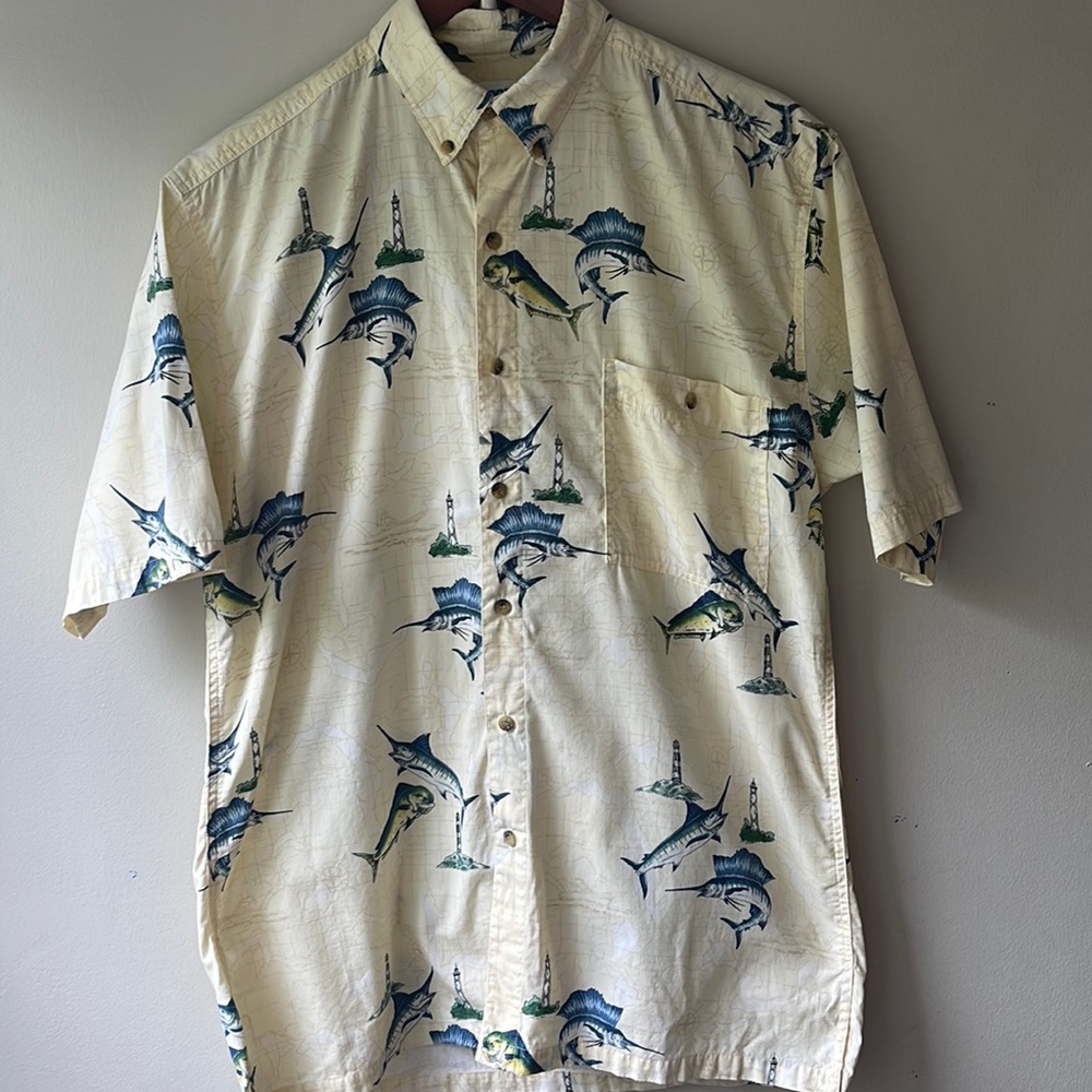 HOOK & TACKLE Swordfish Lighthouse Fishing Nautical Map Button Down Size Medium